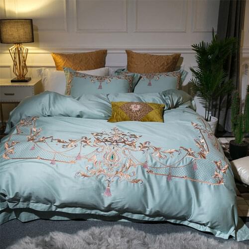 80S Egyptian Cotton Luxury Embroidery Royal Bedding Set King Queen Wedding Bed Sheet Cover set Duvet Cover 4pcs Blue flower
