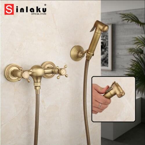 KAIMU Antique Brass Bathroom Bathtub Bidet Faucet w/ Spray Hand Shower Mixer Control Tap Faucet Solid Brass Shower Faucet Set