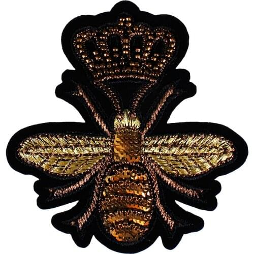 10pieces Beaded Embroidery Applique Gold Crown Bee Patches Motifs Badge for Bags Clothes Decorated Sewing Accessories TH910