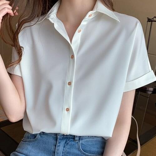 Blusas Blouses Femme Tops Short Sleeve Blouse Women Blusas Mujer De Moda 2021 Turn Down Collar White Chiffon Blouse Shirt E864