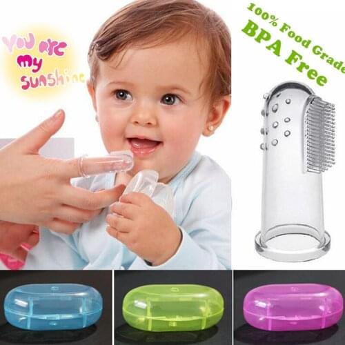 BPA Free!Super Safe&Soft 100% Food Grade Silicone Finger Baby Tooth Brush Set W/Case for Infant Gum Tooth Clear Massage