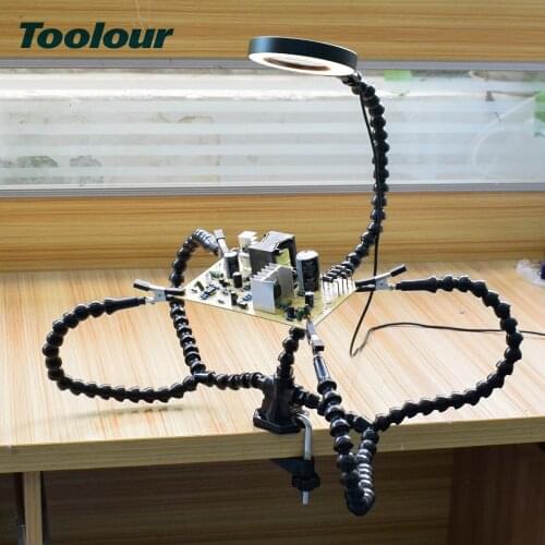 Toolour Table Clamp Soldering Helping Hand Third Hand Tool Soldering Station USB 3X Illuminated Magnifier Welding Repair Tool