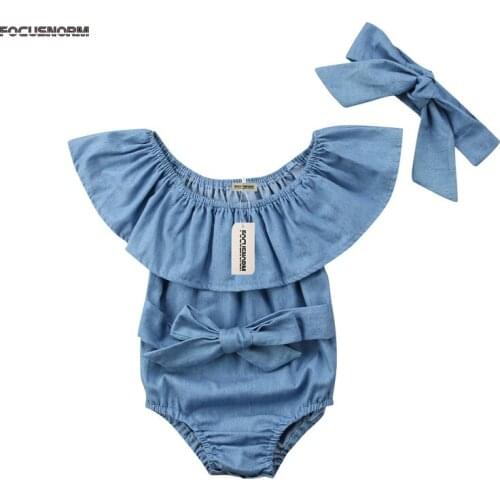 2018 Newly Summer Lovely Toddler Baby Girls Romper 2PCS Off Shoulder Short Petal Sleeve Solid Blue Sashes Romper Headband 0-24M