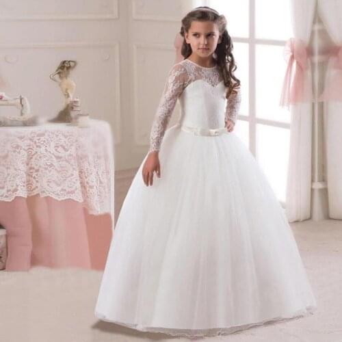 Kids Girls Long White Lace Flower Party Ball Gown Prom Dresses Kid Girl Princess Wedding Children First Communion Dress