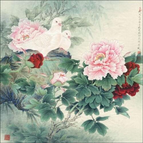 Chinese dove peony rockery scenery oil painting canvas printings printed on canvas wall art decoration picture