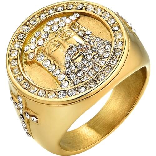 BONISKISS Fashion Gold Color Jesus Head Stainless Steel Rings Party Steampunk Rock Hip Hop Cool Rhinestones Ring for Men Jewelry