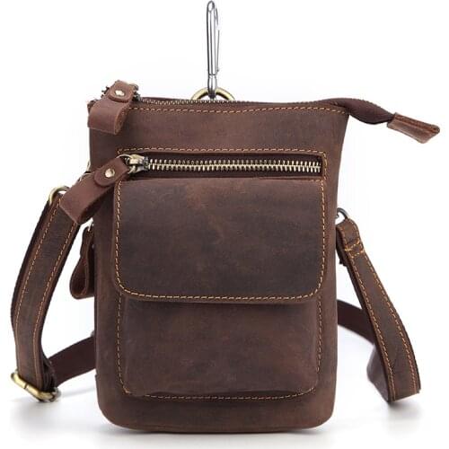 Retro Crazy Horse Leather Phone Camera Bag Outdoor Wear Belt Small Waist Bag Cowhide Leather purse Mens Shoulder Messenger Bag