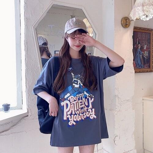 Summer college style cartoon print half-sleeved mid-length loose cotton T-shirt all-match casual women