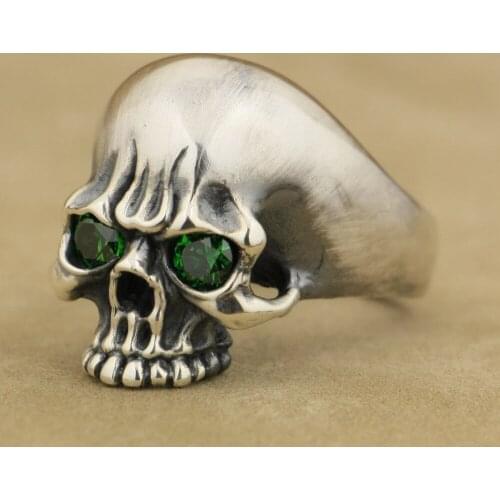 Mens Biker Rock Punk Handmade 925 Sterling Silver Green CZ Eyes Skull Ring TA62 US Size 7~15