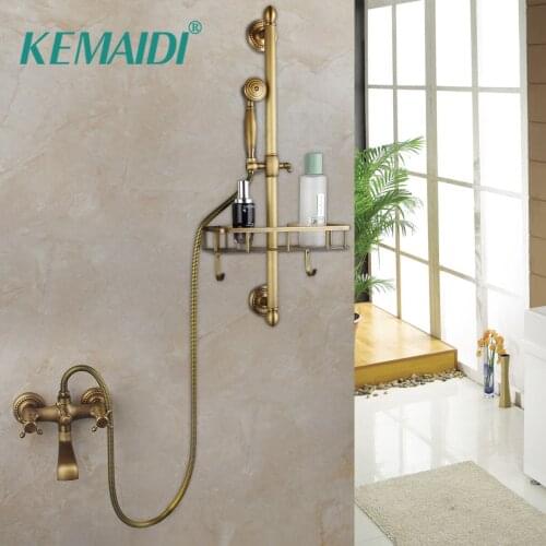 KEMAIDI Antique Brass Shower Faucets Set Wall Mount Antique Brass Shower Kit Dual Knobs Mixer Tap Handheld Spray Bathtub Kit