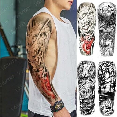 False Hand Shoulder Tattoo Sleeve Body Temporary Transfer Tattoos Sticker Skull Demon Tiger Wolf Snake Tatto Sleeve Men Women