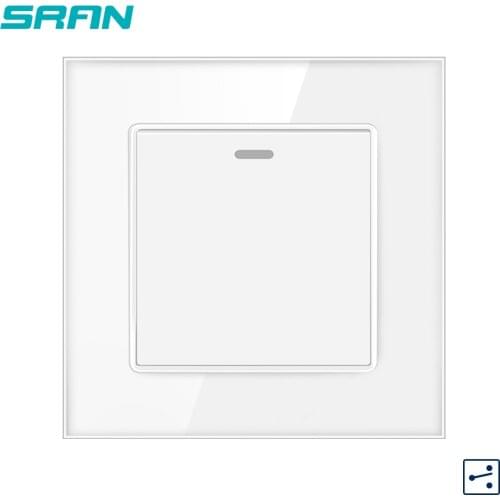 SRAN UK wall rocker switch,16A 250V crystal tempered glass panel 86mm*86mm 1gang 2way light switch for stairs Interrupt