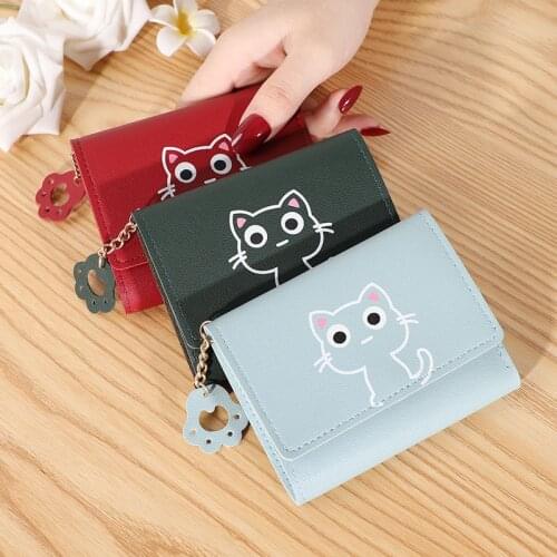 New Women Wallet Cute Cat Short Wallet Leather Small Purse Girls Money Bag Card Holder Ladies Female Hasp 2021 Fashion