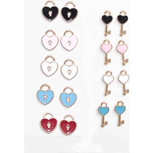 Mixed 20pcs Enamel Heart Shape Key Lock Charms Pendants Handmade Earrings Neacklace Clips Charm Crafting Jewelry Making