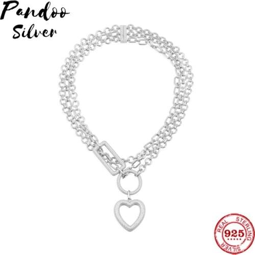 Christmas Gift For Women S925 Sterling Jewelry 1:1 Copy, Heart Circle And Rectangle Triple Chain Necklace High Quality
