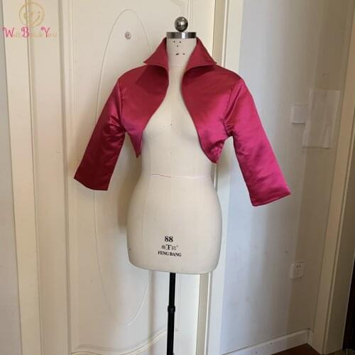 Fuchsia Satin Wedding Bolero 2021 Bride Jacekt with 3/4 Sleeves Collar cape mariage femme Women Shrug Party Top Custom made