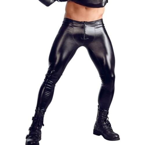 Sexy Men Black Shiny Pencil Pants U Convex Pouch Sexy Tight Zipper Open Shiny Stage Dance Pants Sexy Legging Gay Wear Plus Size