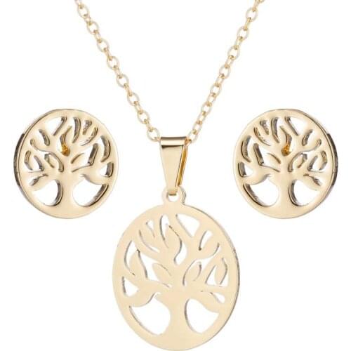 AsJerlya 100% Stainless Steel Gold Filled Life Of Tree Earring Necklace Jewelry Set 45cm Pendant Necklaces Stud Earrings
