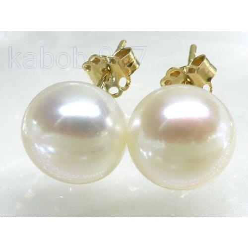 FINE perfect bread AAA+ 10-10.5mm white akoya pearl earring solid 14K/20 yellow gold