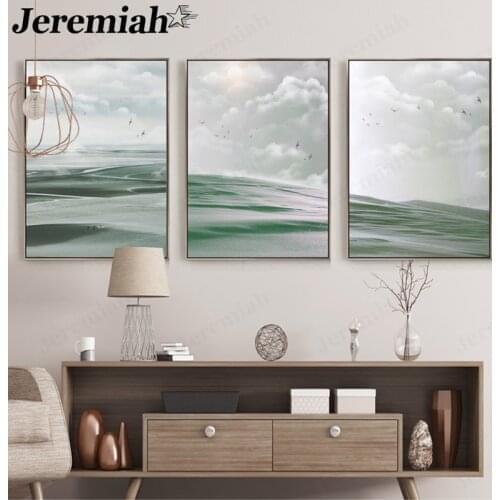 Nordic Landscape Canvas Poster Green Desert White Cloud Bird Painting Wall Art Modern Room Living Room Decoration Wall Picture