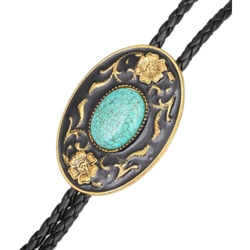 Vintage Western Cowboy BOLO Tie Slide Clip Flowers Turquoise PU Turquoise Leather Rope
