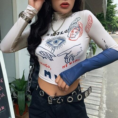 Y2k Top Autumn Streetwear E Girl Crop Top Casual Tight Mesh Top Women Tshirts Funny Pattern Full Sleeve Stretch Tee Shirt Women