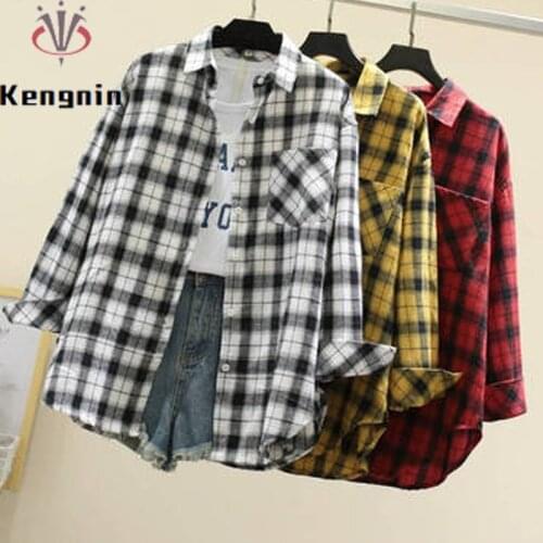 Loose Plaid Women Casual Shirts 2021 Autumn Korean Chic Ladies Pockets Blouse Long Sleeve Blause Female Tops Clothing KN245