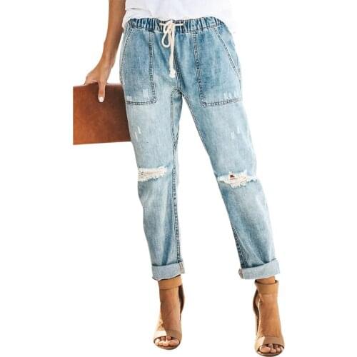 Fashion Distressed Knee Ripped Women Summer Holes Loose Trouser Drawstring Elastic Waist Pockets Long Pencil Denim Jeans Pants