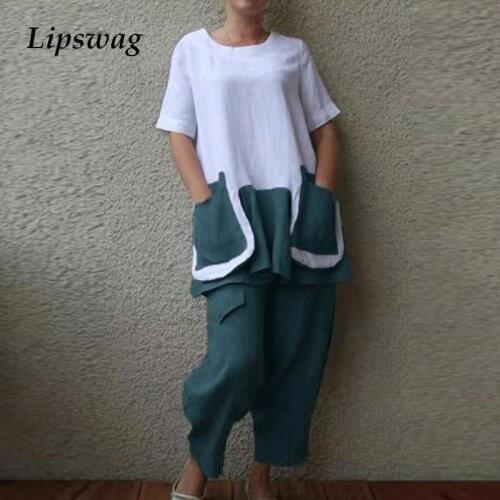 Women Cotton Linen 2 Piece Set Outfits Casual O Neck Pullover Tops + Loose Pants Suits Vintage Patchwork Pocket Short Sleeve Set