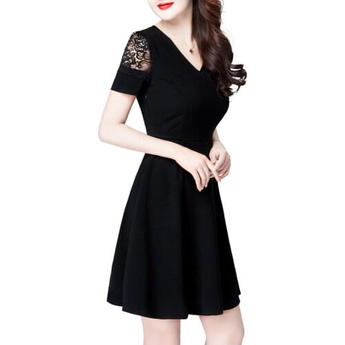 Summer Black Dress Plus Size Short Sleeve Chiffon Lace Simple Fashion Elegant Robe Vestidos Roupa Feminina 6559