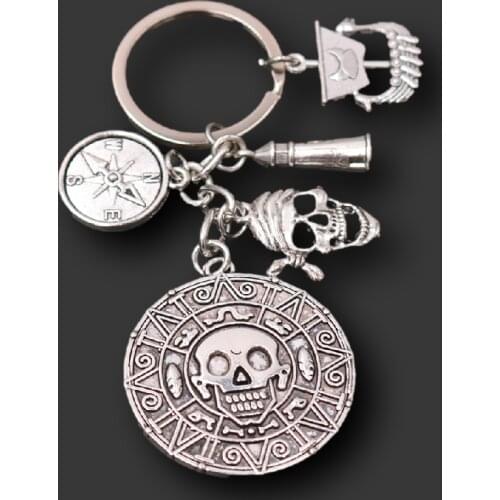 1pcs Hip-Hop Pirate Ship Aztec Gold Coin Keychain DIY Jewelry Craft Retro Anchor Lighthouse Compass Satan Curse Treasure Keyring