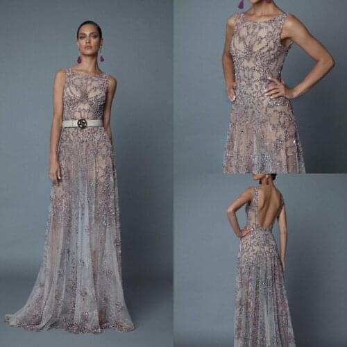 2020 Evening Dresses Jewel Sleeveless Lace Sequin Special Occasion Gowns Open Back A Line Sweep Train Party Prom Dress