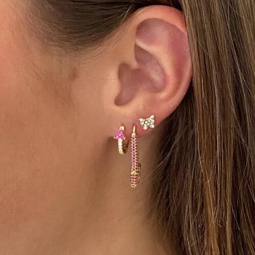 2021 Fashion Gold Color Micro Pave White Pink Green Blue Colorful Rainbow CZ Unique Paperclip Safety Pin Stud Earings For Women