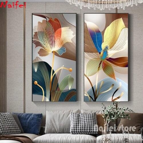 Nordic Abstract Flower Diy Diamond Painting Luxury Gold Lines Diamond Embroidery Modern Wall Art Needlework Gallery Home Decor