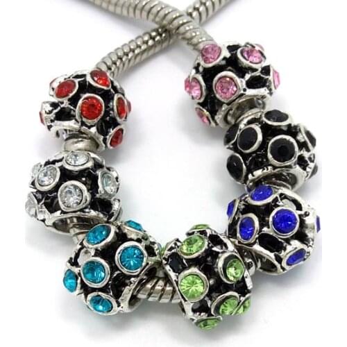 Free Shipping 50pcs 10.5mm mix color rhinestone antique silver plated alloy beads fit European bracelet charms DIY