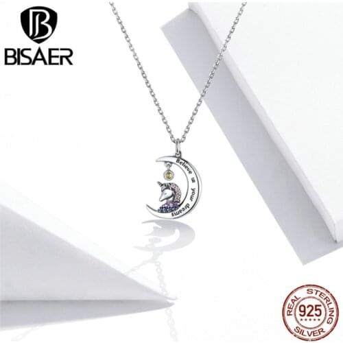 BISAER Moon & Unicorn Necklace 925 Sterling Silver Pink Zircon Long Chain Link For Female Fine Jewelry 45cm Necklace ECN410