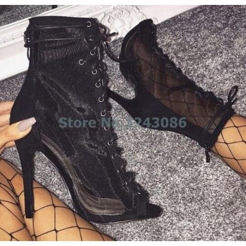 New Arrival Peep Toe Cross Strap Lace Up Sandal Boots Open Toe Mesh Ankle Boots Black Gray See-through Sexy Women Shoes