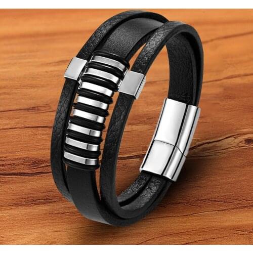 Charm Genuine Leather Men Bracelet Stainless Steel Clasp Black Punk Braided Bangles Jewelry Multi-layer Wristband Fashion