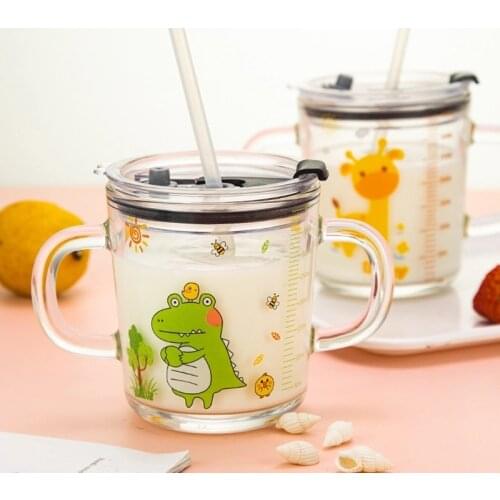 Milk Cup with Cover Silicone straw Drinking Cup for Baby Cartoon Dinosaur Unicorn Water Bottle Heat-Resistant Two Handles 400ml