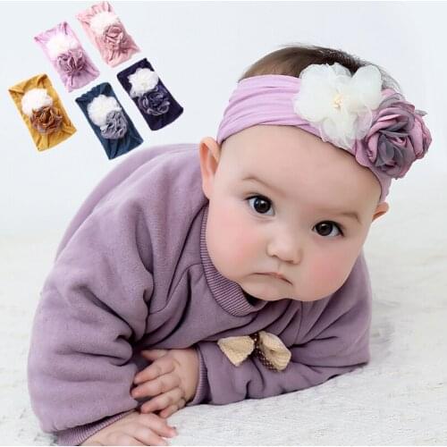Toddler Pearl Baby Girl Bow Hairband Elastic Headband 3D Flower Turban Flower Head Wrap Nylon Headbands Floral Accessories New