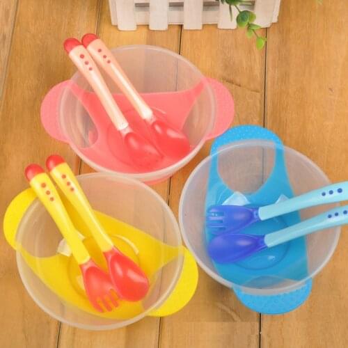 Baby Learning Dishes With Suction Cup Kids Safety Dinnerware Set Assist Bowl Temperature Sensing Spoon Fork Tableware