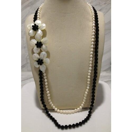 Long Freshwater Pearl Necklace Crystla Seashell Flower Necklace Multilayer Free Shipping Women Jewelry Classic White And Black