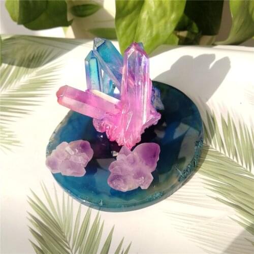 Healing crystal set natural amethyst cluster aura cluster and agate slice for energy stones minerals reiki gifts home decor