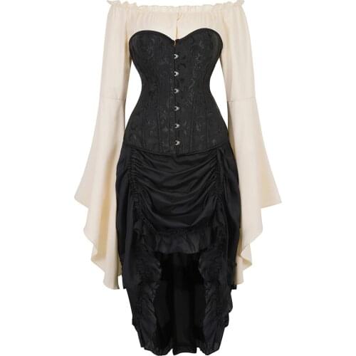 Corset Bustiers Boned with Pirate Skirt and Blouse Jacquard Steel Boned Corsetto 3 Piece Carnival Dance Party Costumes Steampunk