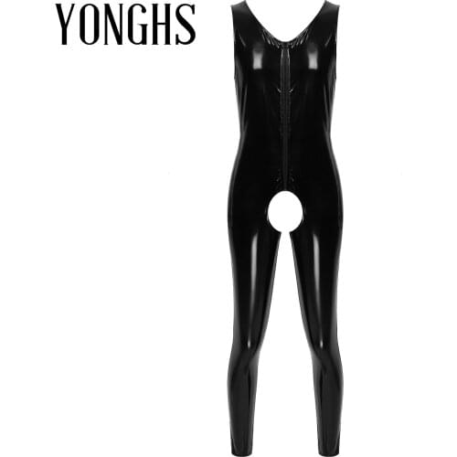 Mens Lingerie Sexy Zipper Crotchless Bodysuit Wet Look Patent Leather V Neck Back Leotard Clubwear Bar Stage Performance Costume