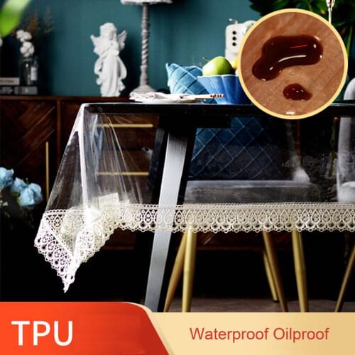 Soft TPU Transparent Tablecloth Silicone Rectangular Waterproof Embroidery Lace Dining Coffee Table Cover Event Kitchen Oilcloth