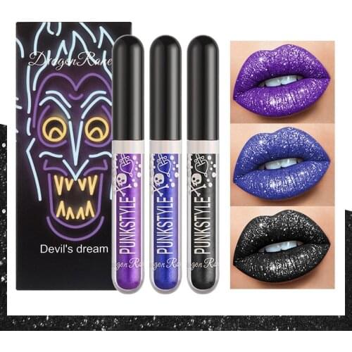 3PCS Lipstick Set Halloween Skull Symphony Shiny Metal Lip Gloss No-stick Cup Long-lasting Waterproo Lip Glaze Makeup Maquillaje