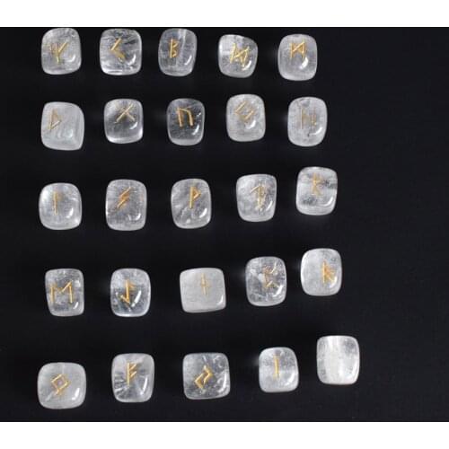 Set of 25 Natural Clear Quartz Rune Stones Engraved Pagan Lettering Wiccan Set with a Free Velvet Pouch