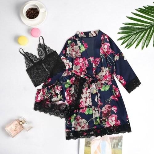 Fast Delivery Long sleeve Womens Pajamas Sexy Lace Lingerie Nightwear Underwear Sleepwear 3PC Suit Pajama Sets For Women 2021