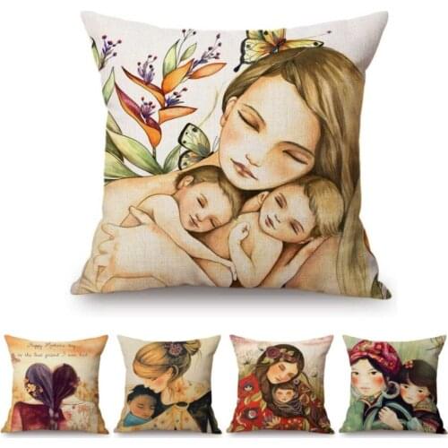 Mothers Day Gift Oil Painting Baby Mother Art Decorative Pillow Case For Living Room Cotton Linen Baby Mummy Cushion Cover